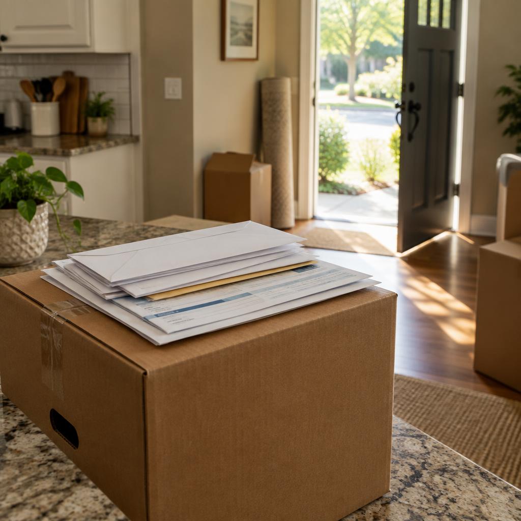 A moving box on a kitchen counter with a stack of utility bills on top